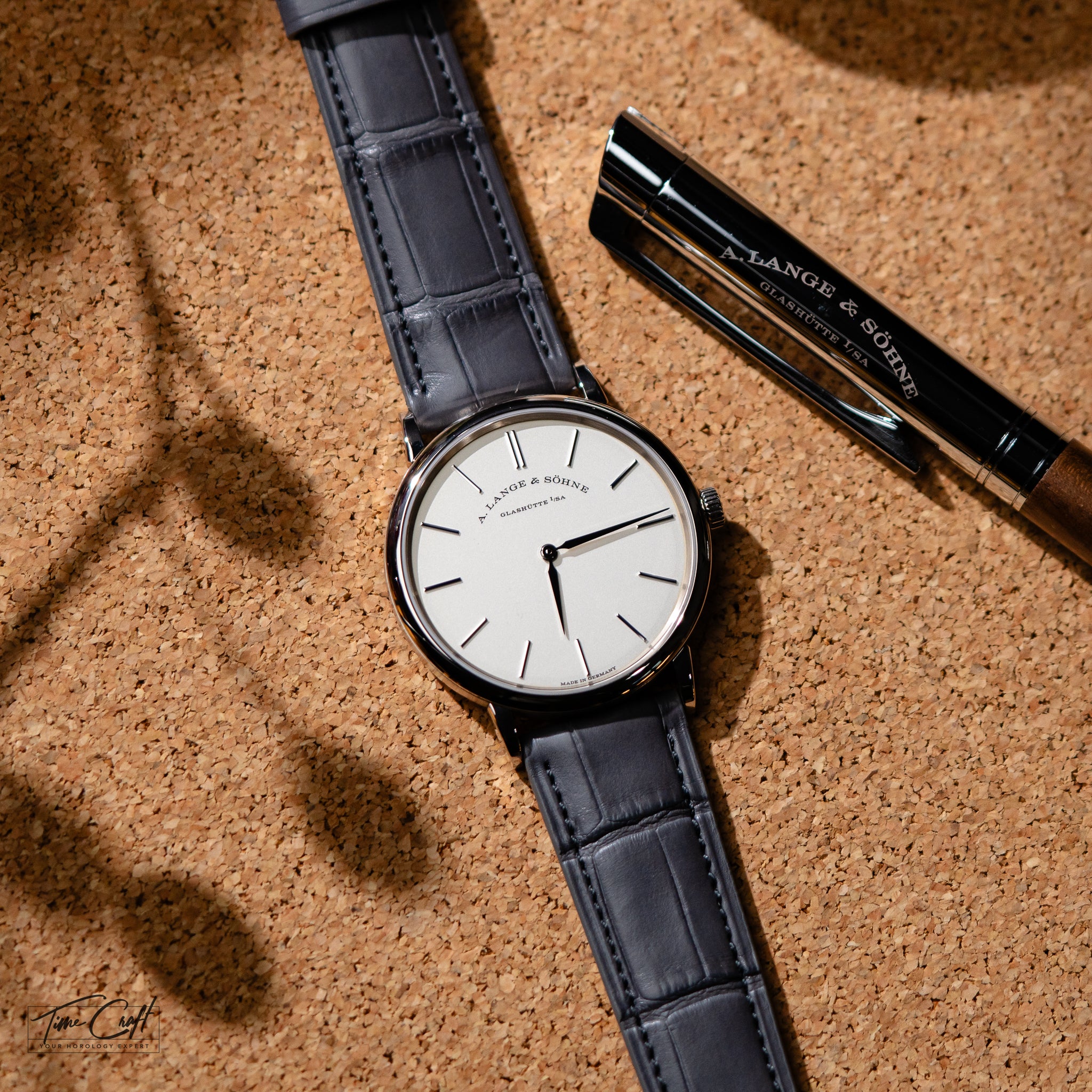 Photography of A Lange Sohne Saxonia Ultra Thin Dress Watch with rare A Lange Sohne signed pen