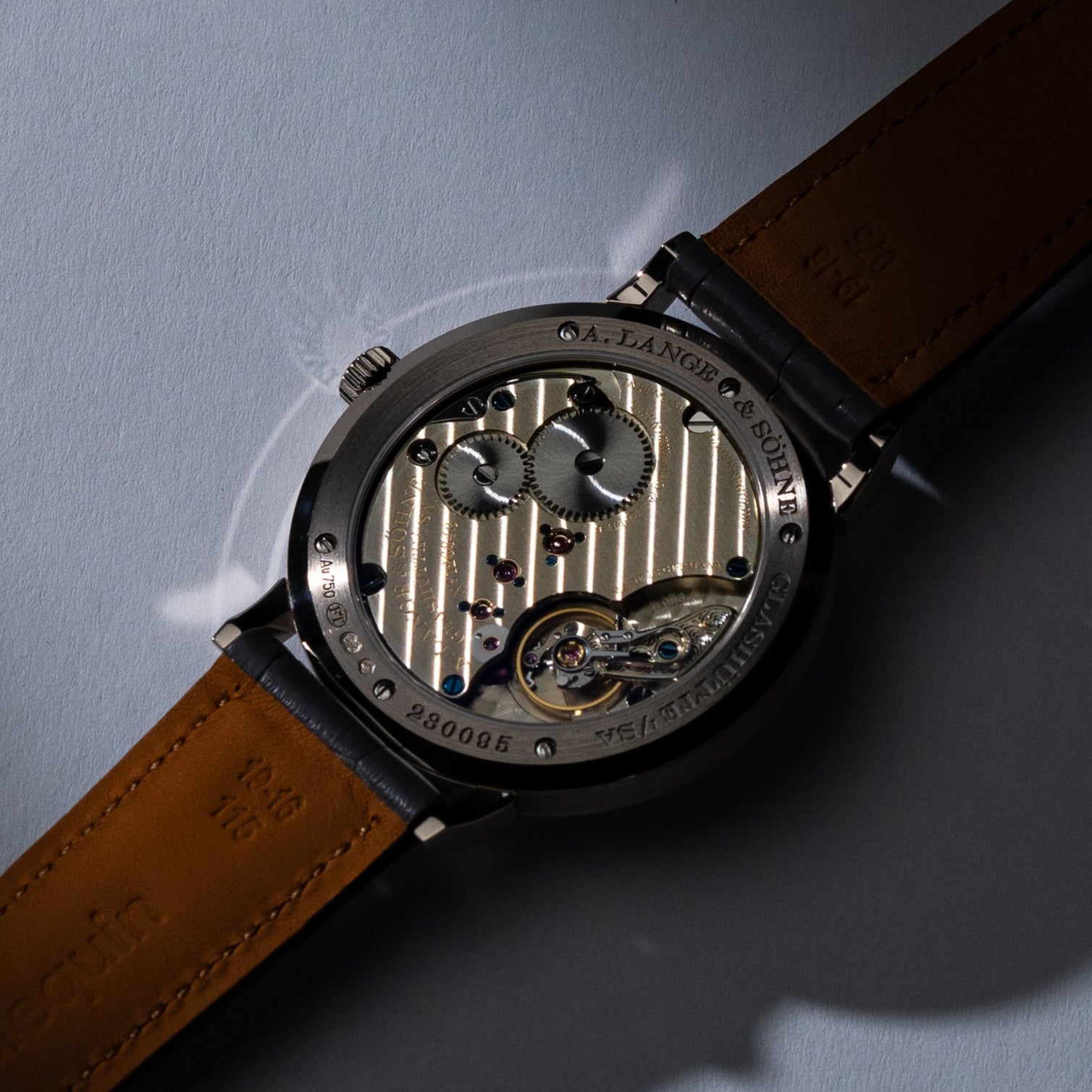 macro photo of Lange L093.1 Movement German silver three quarter plate hand engraving showing craftsmanship